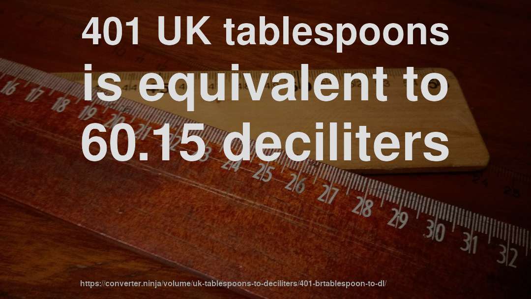 401 UK tablespoons is equivalent to 60.15 deciliters
