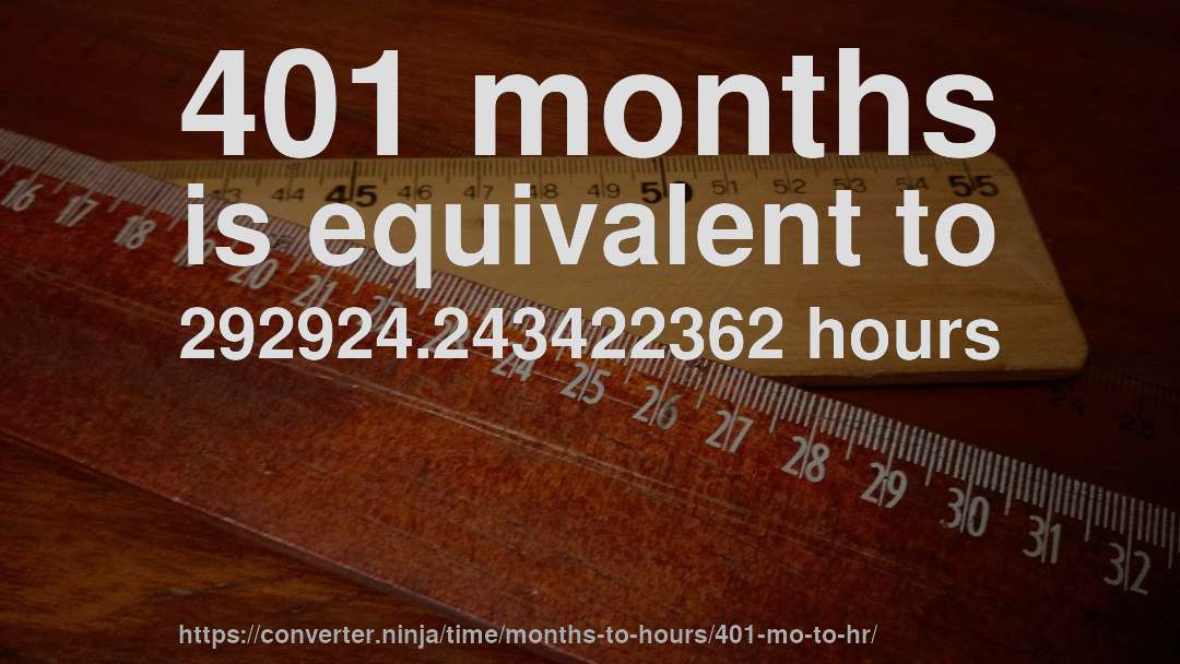 401 months is equivalent to 292924.243422362 hours
