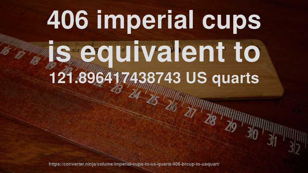 406 imperial cups is equivalent to 121.896417438743 US quarts