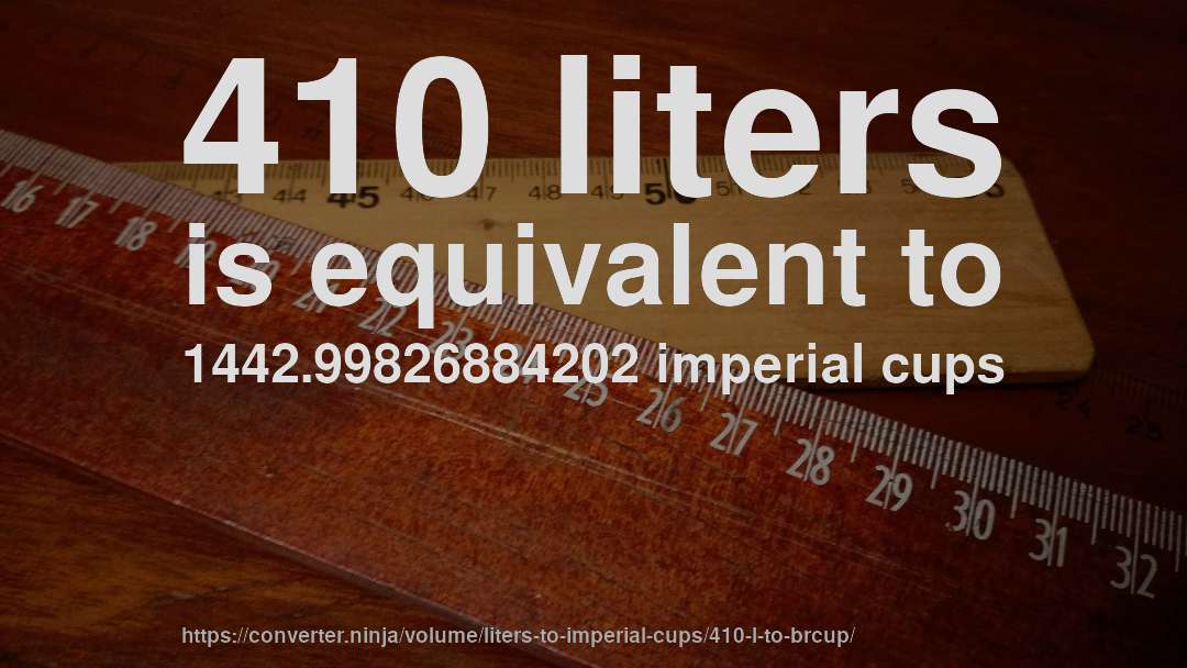 410 liters is equivalent to 1442.99826884202 imperial cups