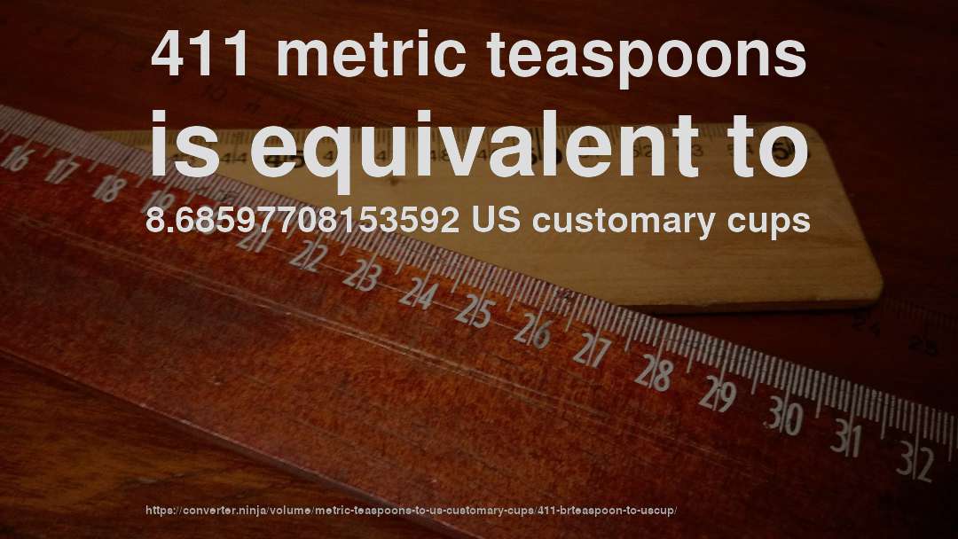 411 metric teaspoons is equivalent to 8.68597708153592 US customary cups