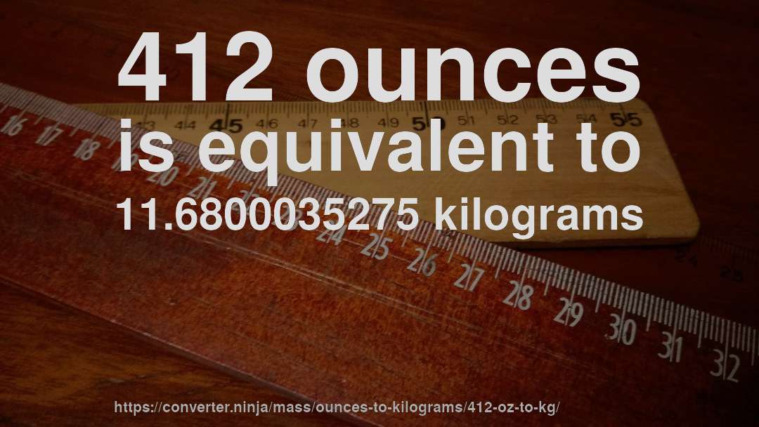 412 ounces is equivalent to 11.6800035275 kilograms