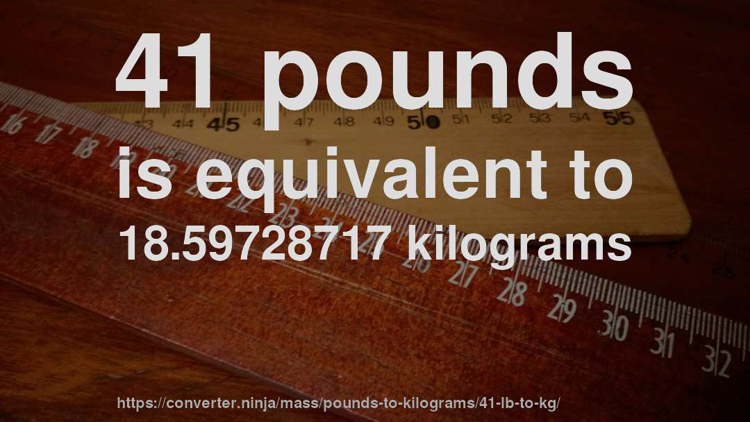 41 pounds is equivalent to 18.59728717 kilograms