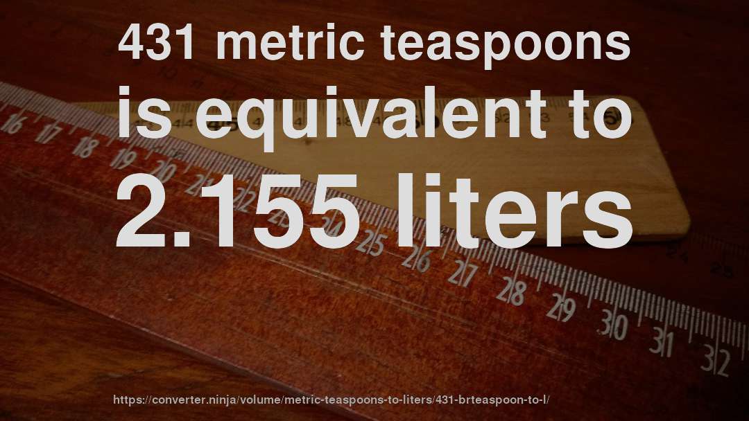 431 metric teaspoons is equivalent to 2.155 liters