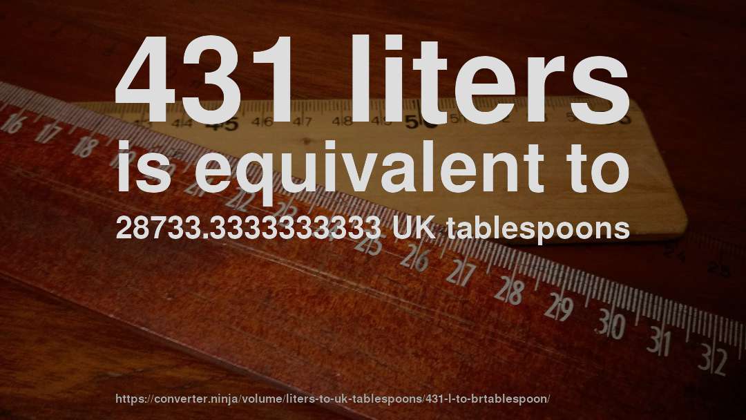 431 liters is equivalent to 28733.3333333333 UK tablespoons