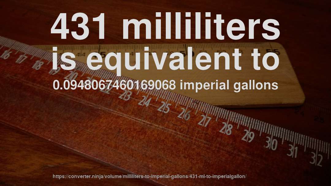 431 milliliters is equivalent to 0.0948067460169068 imperial gallons