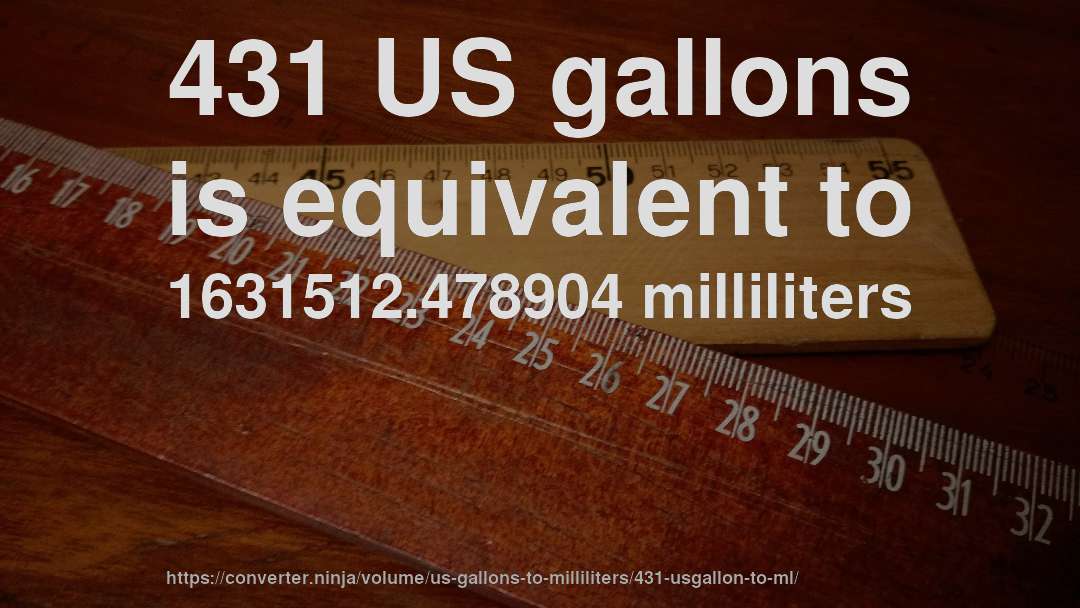 431 US gallons is equivalent to 1631512.478904 milliliters
