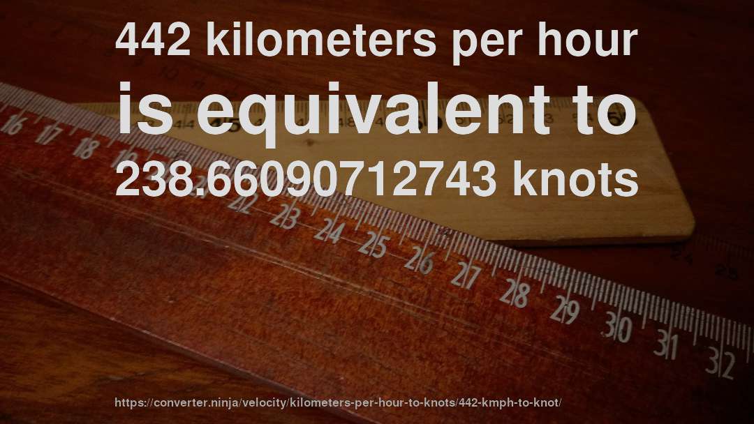 442 kilometers per hour is equivalent to 238.66090712743 knots