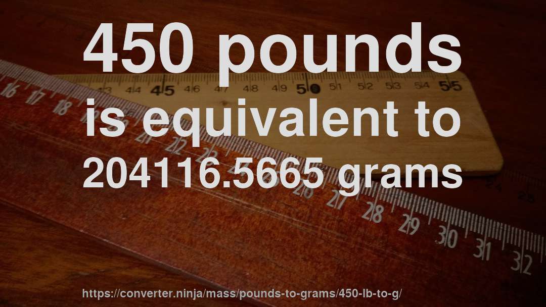 450 pounds is equivalent to 204116.5665 grams