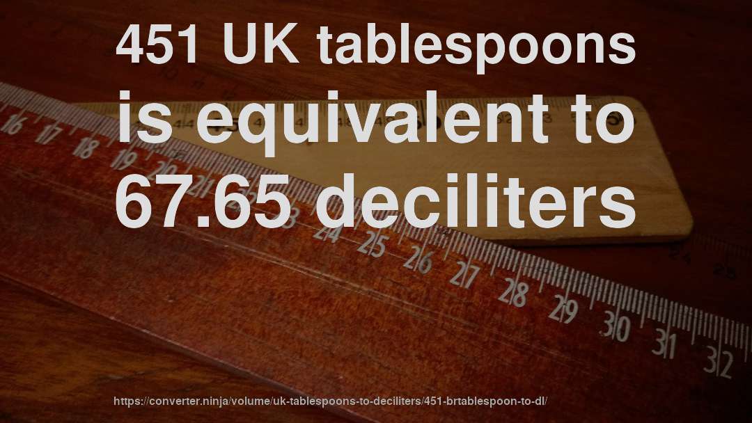 451 UK tablespoons is equivalent to 67.65 deciliters