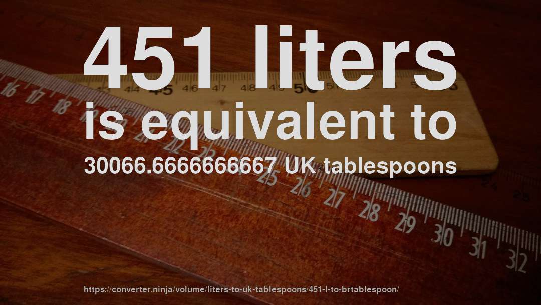 451 liters is equivalent to 30066.6666666667 UK tablespoons