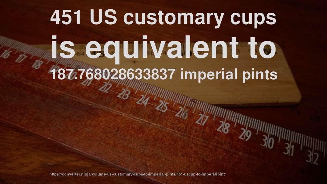 451 US customary cups is equivalent to 187.768028633837 imperial pints