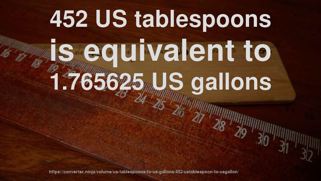 452 US tablespoons is equivalent to 1.765625 US gallons