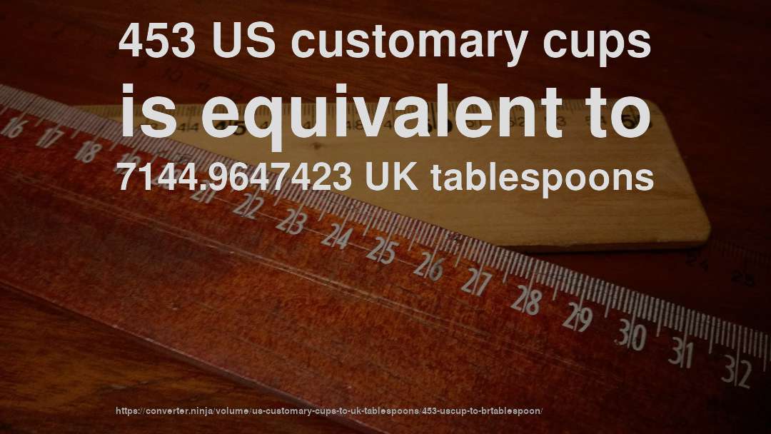 453 US customary cups is equivalent to 7144.9647423 UK tablespoons