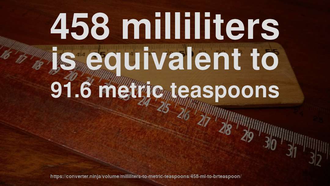 458 milliliters is equivalent to 91.6 metric teaspoons