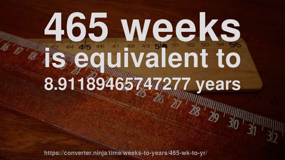 465 weeks is equivalent to 8.91189465747277 years