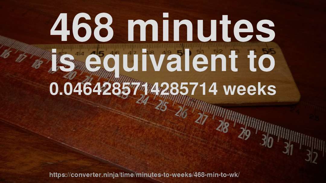 468 minutes is equivalent to 0.0464285714285714 weeks
