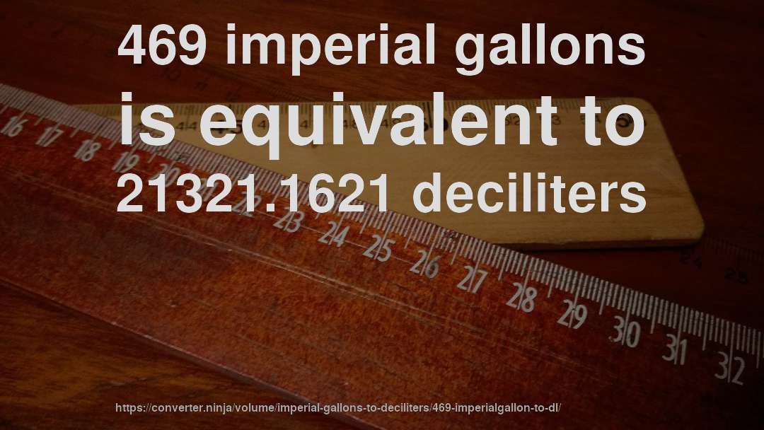 469 imperial gallons is equivalent to 21321.1621 deciliters