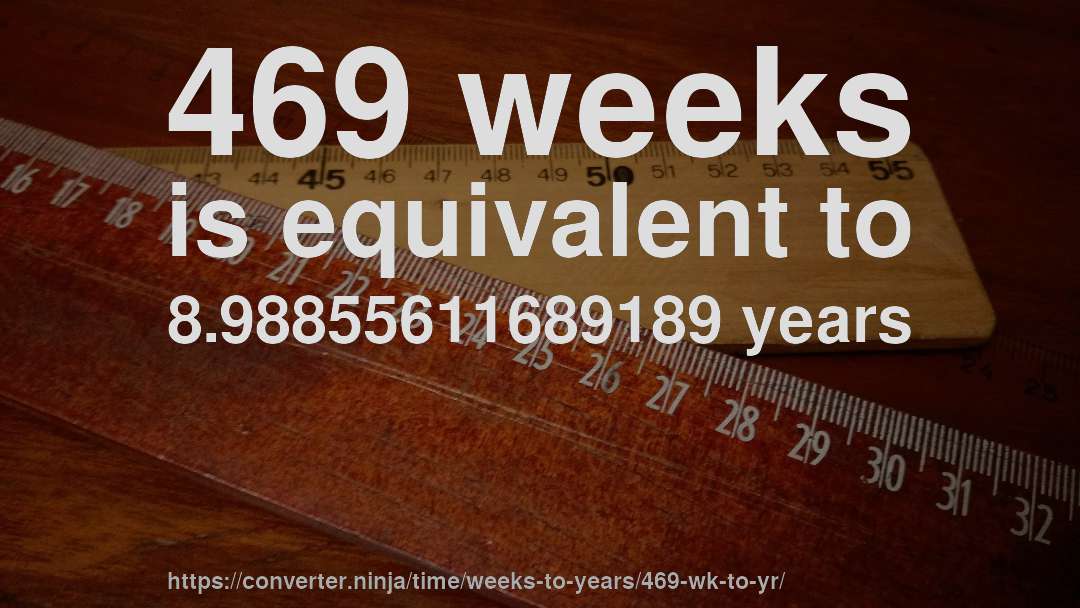 469 weeks is equivalent to 8.98855611689189 years