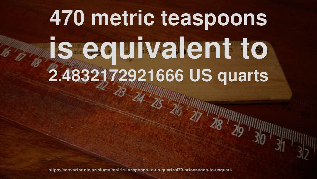 470 metric teaspoons is equivalent to 2.4832172921666 US quarts