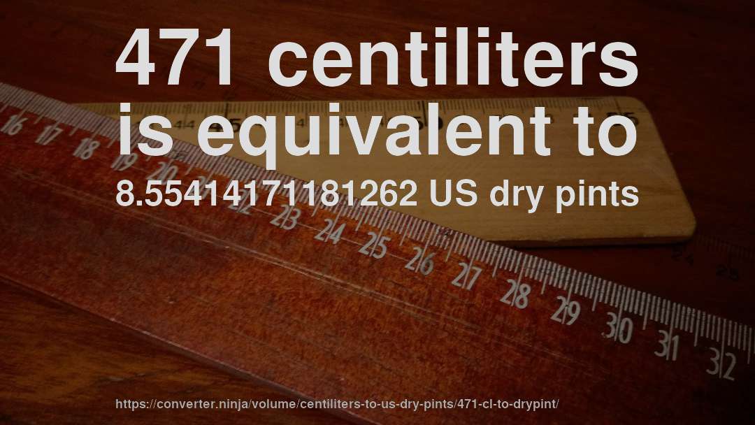 471 centiliters is equivalent to 8.55414171181262 US dry pints
