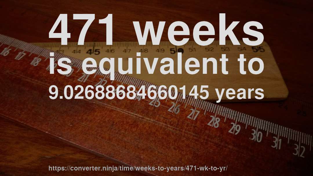 471 weeks is equivalent to 9.02688684660145 years