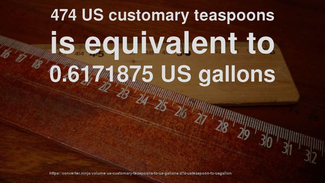 474 US customary teaspoons is equivalent to 0.6171875 US gallons