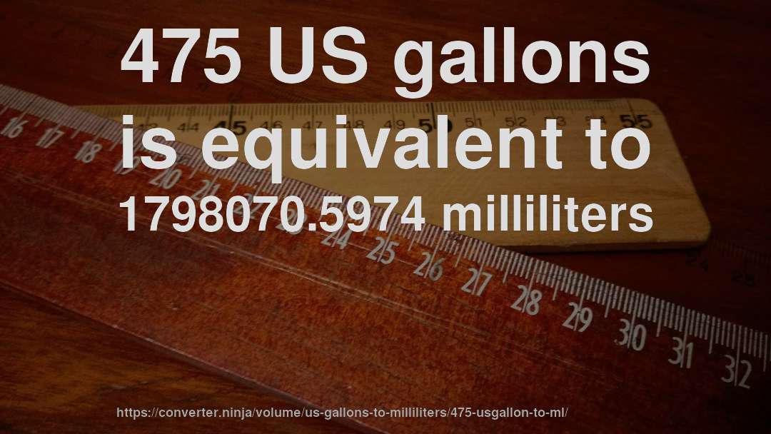 475 US gallons is equivalent to 1798070.5974 milliliters