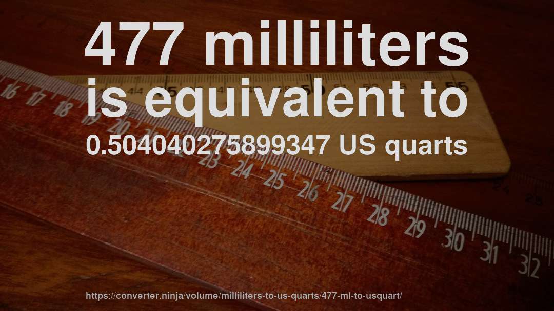 477 milliliters is equivalent to 0.504040275899347 US quarts
