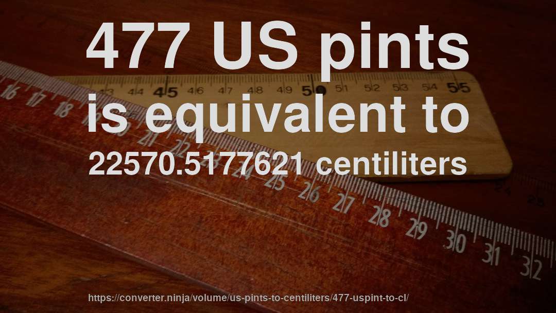 477 US pints is equivalent to 22570.5177621 centiliters