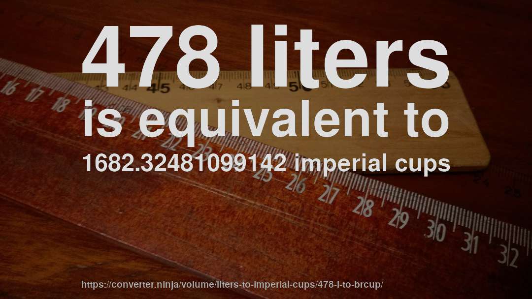 478 liters is equivalent to 1682.32481099142 imperial cups
