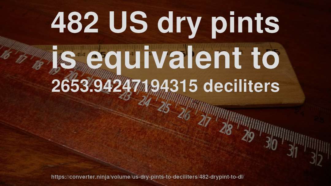 482 US dry pints is equivalent to 2653.94247194315 deciliters