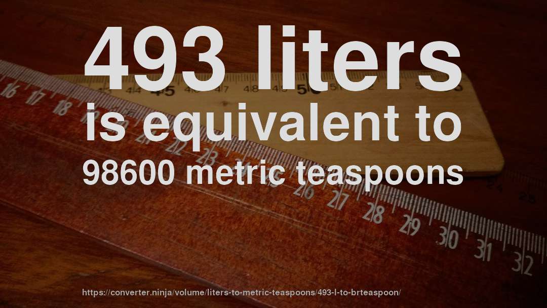 493 liters is equivalent to 98600 metric teaspoons