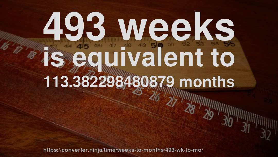 493 weeks is equivalent to 113.382298480879 months