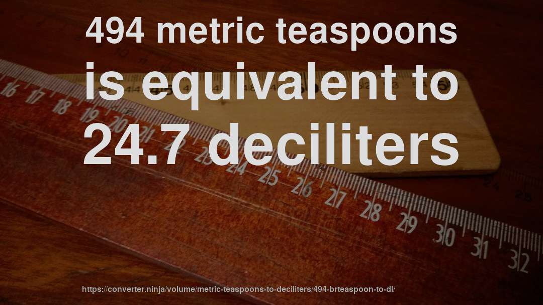 494 metric teaspoons is equivalent to 24.7 deciliters
