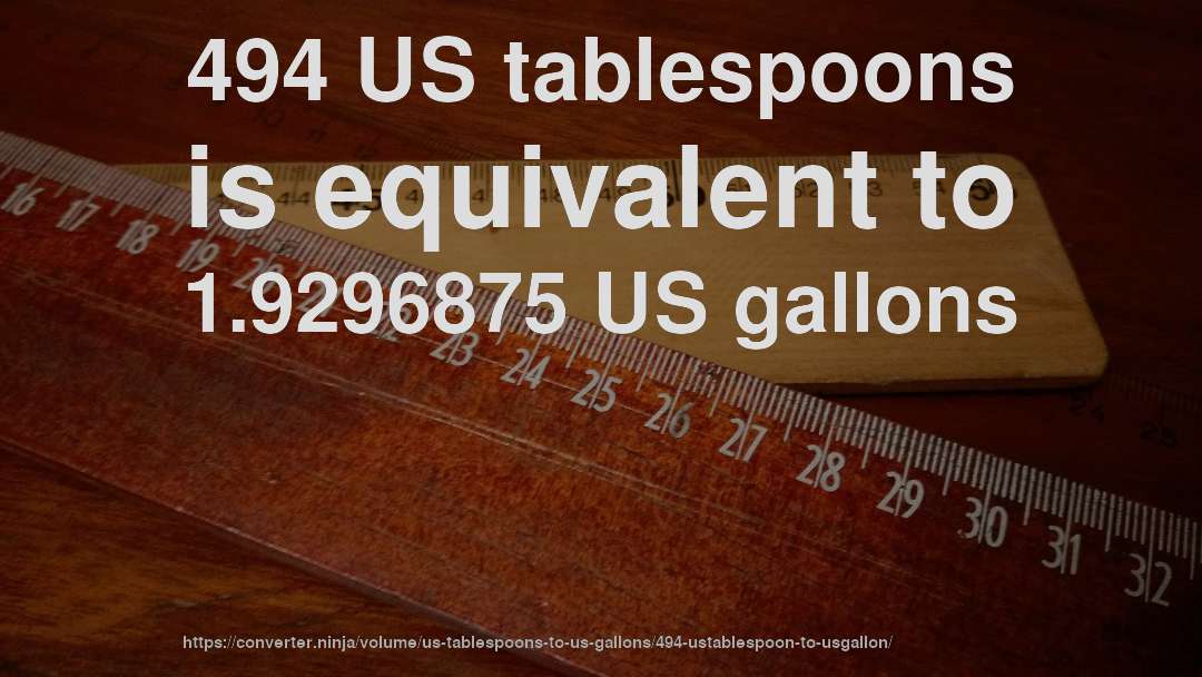 494 US tablespoons is equivalent to 1.9296875 US gallons
