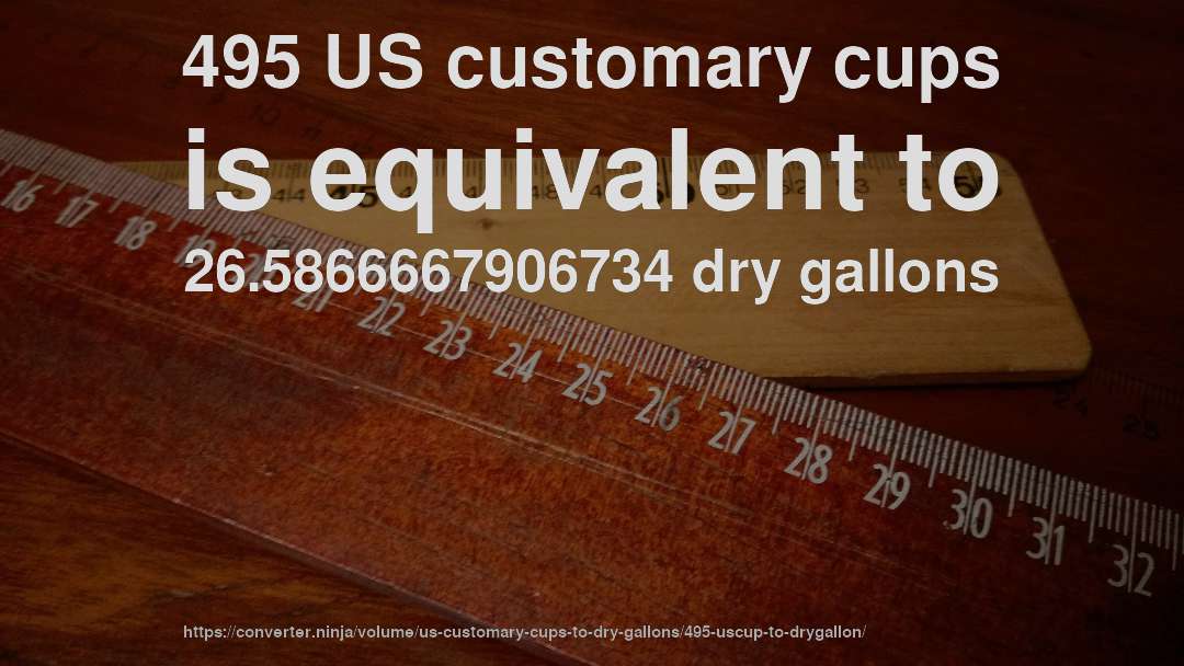 495 US customary cups is equivalent to 26.5866667906734 dry gallons