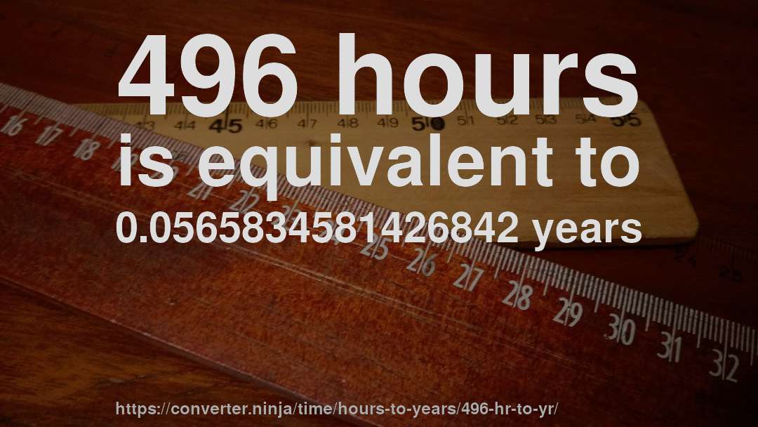 496 hours is equivalent to 0.0565834581426842 years