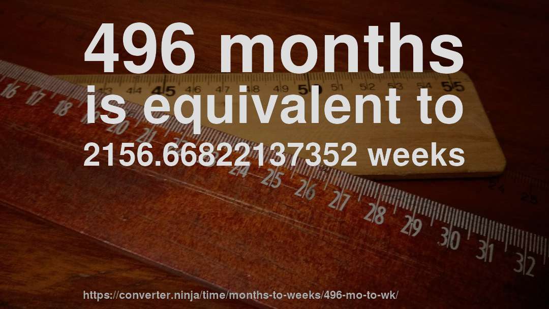 496 months is equivalent to 2156.66822137352 weeks