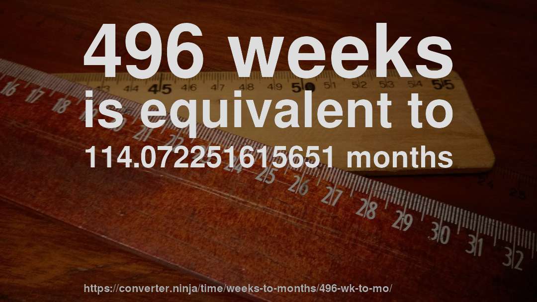 496 weeks is equivalent to 114.072251615651 months