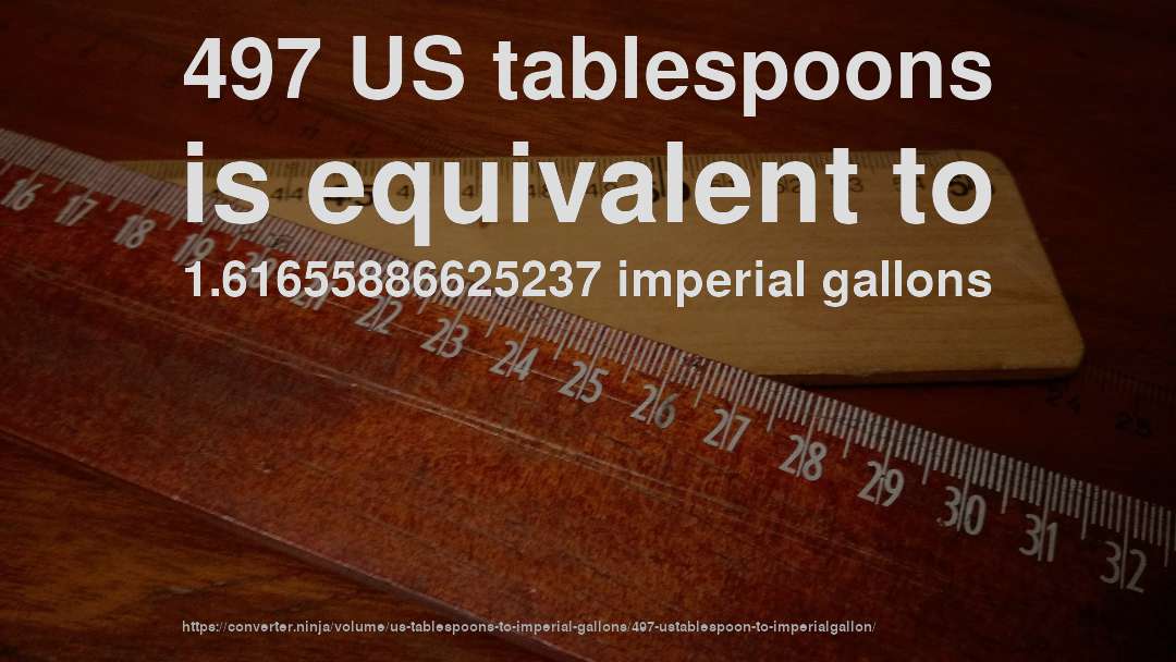 497 US tablespoons is equivalent to 1.61655886625237 imperial gallons