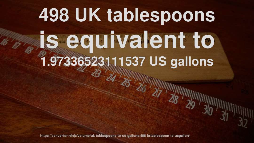 498 UK tablespoons is equivalent to 1.97336523111537 US gallons