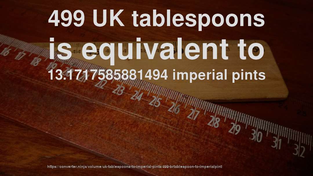 499 UK tablespoons is equivalent to 13.1717585881494 imperial pints