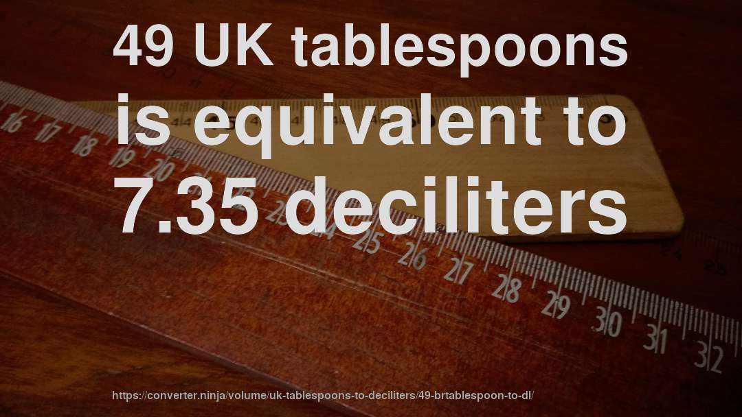 49 UK tablespoons is equivalent to 7.35 deciliters
