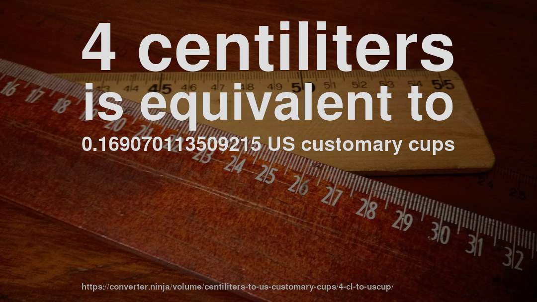 4 centiliters is equivalent to 0.169070113509215 US customary cups