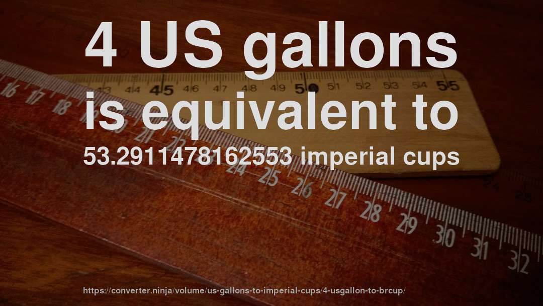 4 US gallons is equivalent to 53.2911478162553 imperial cups