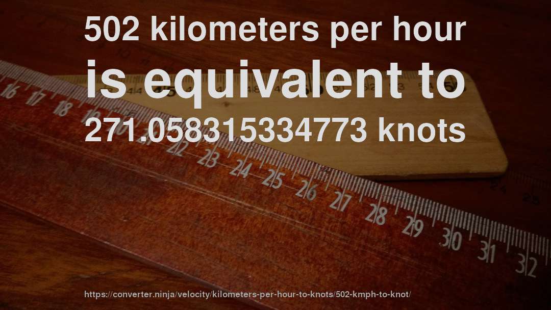 502 kilometers per hour is equivalent to 271.058315334773 knots