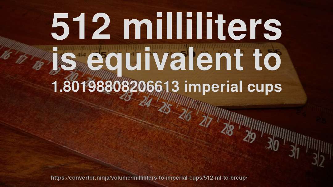512 milliliters is equivalent to 1.80198808206613 imperial cups