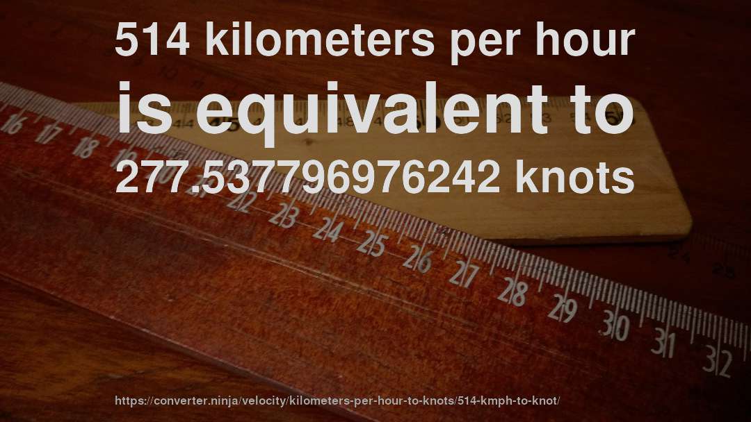 514 kilometers per hour is equivalent to 277.537796976242 knots