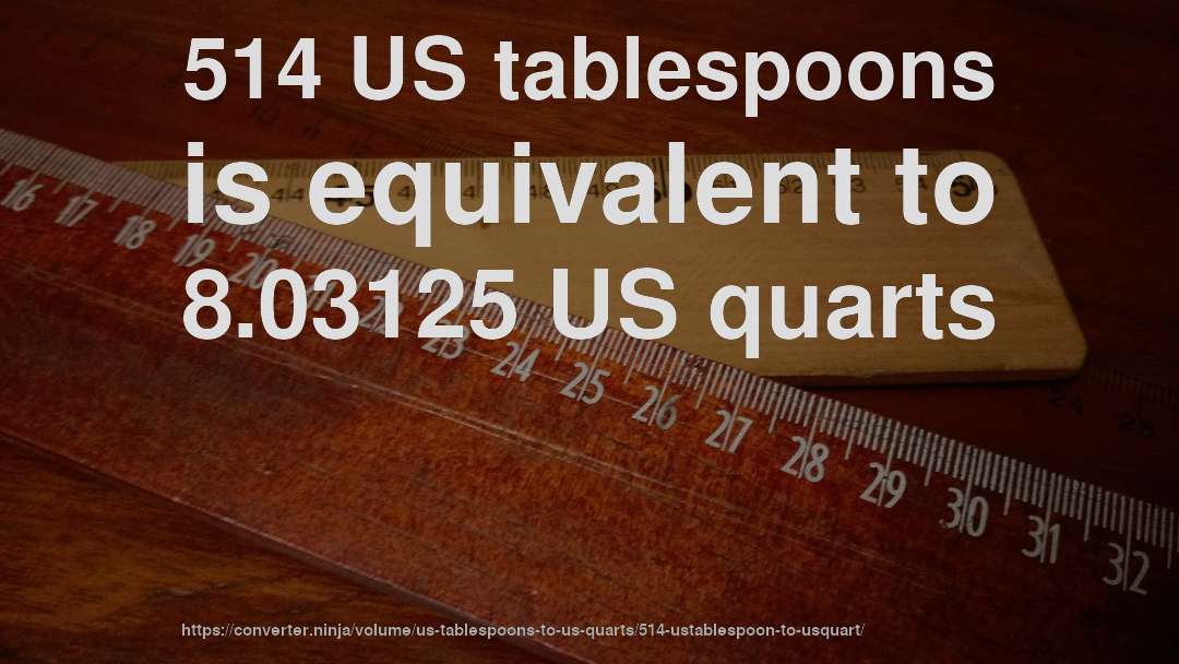 514 US tablespoons is equivalent to 8.03125 US quarts